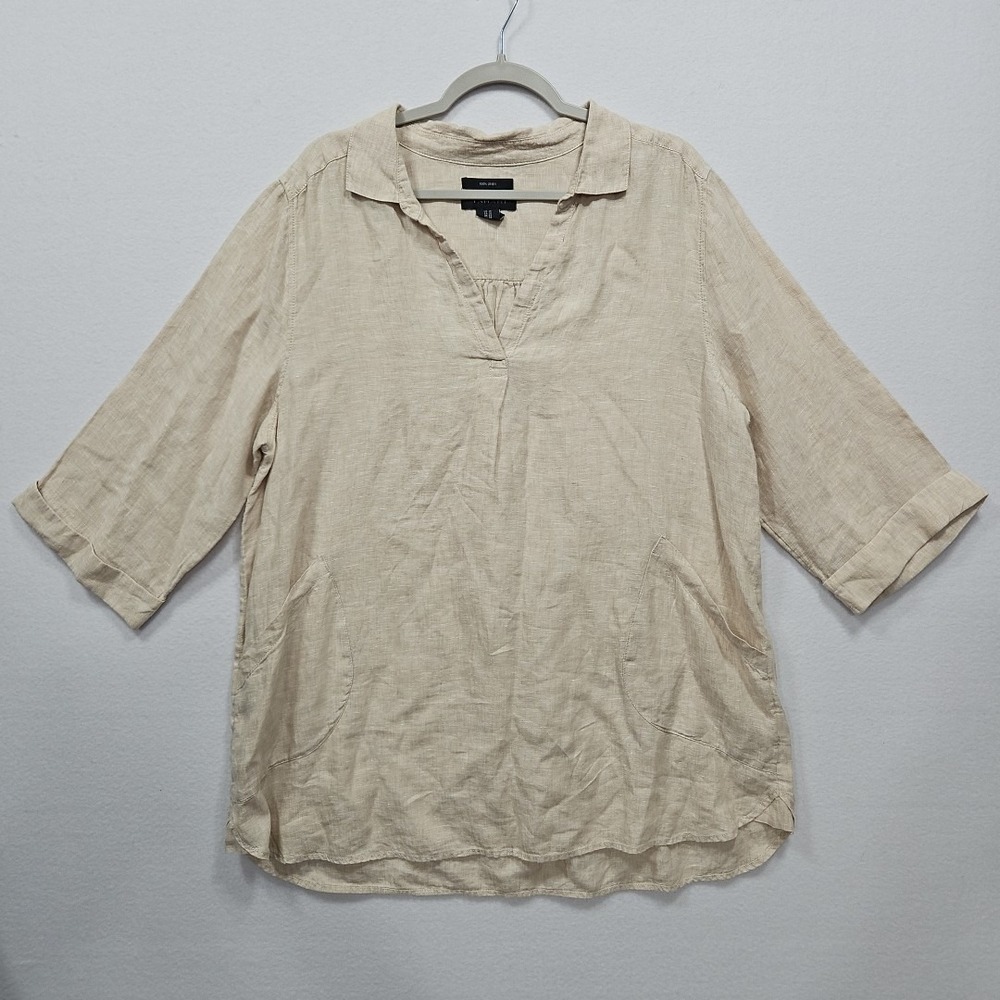 Tahari Linen 1X Beige Pullover V Neck Tunic Top Shirt Blouse 3/4 Sleeve Beach
